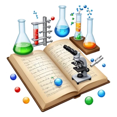 Icon for Scientific and Educational Reading: an open book with mathematical and physical formulas on the pages, with molecules and atoms flying out. On the desk are test tubes, flasks, and a microscope. Transparent background. sticker