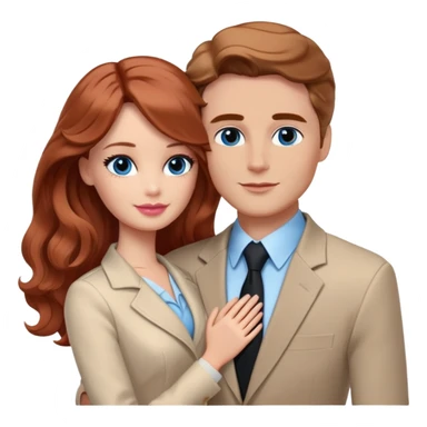 Barbie girl  , eyes blue , Chestnut red long wavy hair In pale beige clothes, Hugs a man with pale brown hair short haircut, brown eyes , and a black suit sticker