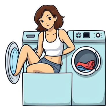 Caucasian woman with brown hair and big boobs wearing a tank top lying on a washer and dryer sticker