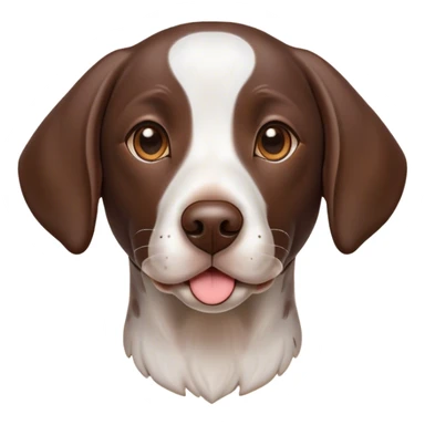 Cinematic Cute German Pointer Portrait Emoji, Playful and charming, soft brown and white tones, Simplified yet expressive features, highly detailed, glowing with a warm, friendly glow, high shine, joyful and loyal, stylized with a touch of whimsy, curious and alert, soft glowing outline, capturing the essence of a playful pup ready for adventure, so endearing it feels like it could jump out of the screen and wag its tail! sticker