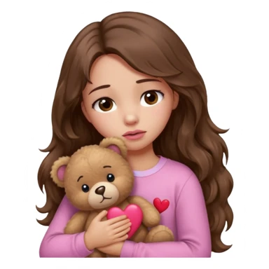 girl with long wavy brown hair, brown eyes, light to medium complexion, in a pink shirt, pink lips, long lashes, sad crying , hugging a teddy bear with a  heart sticker