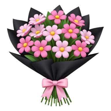 Create a baby pink and dark pink flowers bouquet with black wrap paper and with white bow sticker