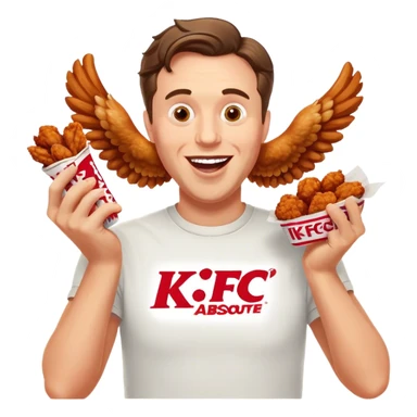"Create an emoji of a white man holding KFC chicken wings with a happy and excited expression. Make sure to add the text 'KFC ABSOLUTE CINEMA ✋😮🤚' in large, bold letters, covering the entire screen and standing out clearly. This text must be included. Use a vibrant and expressive style." sticker