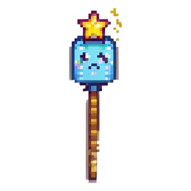 pixelated, blocky emoji of a magic wand with sparkles, inspired by Harry Potter and Minecraft sticker