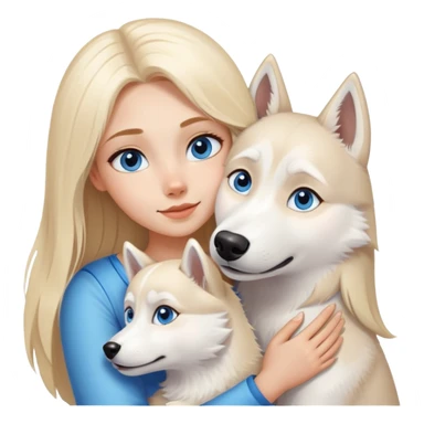 blonde girl with long blonde hair and blue eyes hugging a white husky with brown eyes sticker