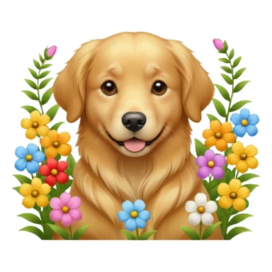 A Golden Retriever sitting in a blooming flower garden, sunlight highlighting its shiny golden fur. Gentle expression, realistic photography, warm color tones. sticker