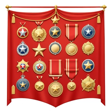 Icon for Collecting Orders, Medals & Badges: a variety of vintage orders, medals and badges, displayed neatly on a big red pennant or in a display case. The icon should reflect the honor and historical significance of these collectible items. Transparent background. sticker