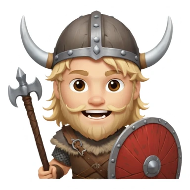 A young Viking warrior with messy hair painted cheeks, wooden shield, and fierce excited grin with horned helmet sticker