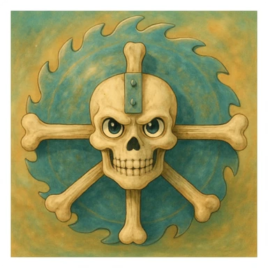 Render the subject in a painterly, whimsical, and detailed Ghibli style with soft shading and a magical atmosphere. Preserve the skull, crossed bones, and saw blade elements, giving them a fantastical, storybook quality. Ensure the subject is fully inside the image borders. sticker