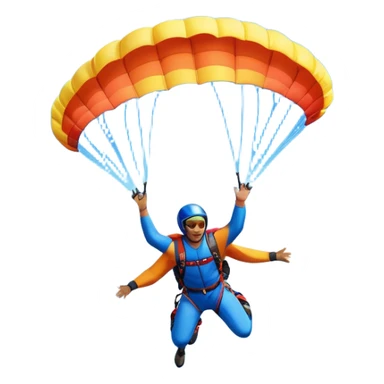 A base jumper soaring through the sky, with a brightly colored parachute open. The backdrop features breathtaking mountain peaks, lush valleys, and a vast blue sky dotted with clouds. The scene captures the thrill and freedom of jumping from great heights into the open air. sticker