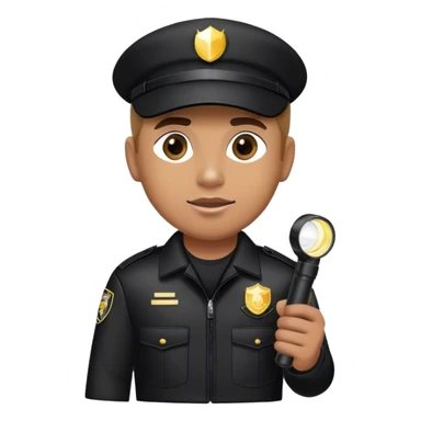 A vigilant male security guard wearing a black uniform, a baseball cap with ‘SECURITY’ embroidered on it, and a black jacket. He holds a flashlight  shining its beam forward, np police uniforms, no badge sticker