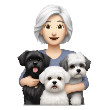 White women with short grey hair holding two dogs one black shih tzu and one white bichon frise sticker