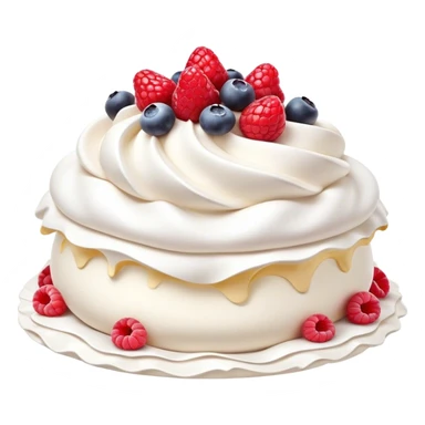 Cinematic Realistic Pavlova Dessert Emoji, showcasing a delicate meringue dessert topped with fresh fruit rendered with lifelike texture and soft natural lighting. sticker