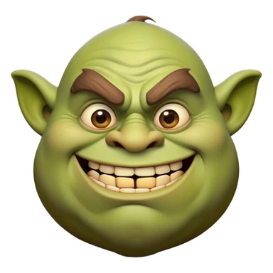 Cinematic Comical Ogre Portrait Emoji, with a strikingly exaggerated, bulky figure in vivid earthy greens and browns, head tilted in a dramatically surprised expression with wide, comically bulging eyes and a goofy, oversized grin, simplified yet hilariously exaggerated, highly detailed with a soft, cartoonish glowing outline capturing the playful absurdity of a meme-worthy ogre! sticker