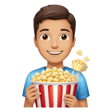 Person watching a movie with a happy face, holding popcorn bucket, cinema lights reflected on face sticker