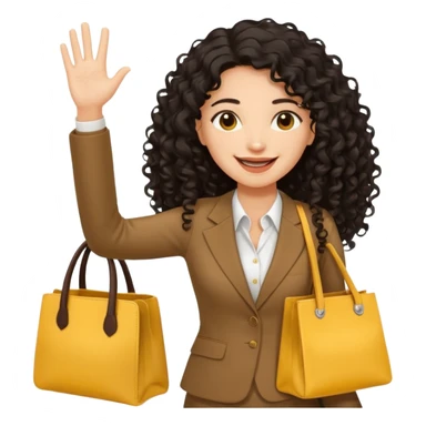 medium deep tan brown business woman with long black curly hair, waving hand with happy face with smile mouth and carrying bag on her shoulder and the other hand holding yellow stanley tumblr sticker