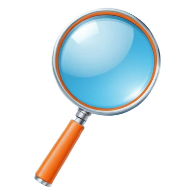 A stylized blue magnifying glass tilted right, flat design, minimalist, vibrant orange handle, white circular background, high resolution, 2048x2048 pixels, vector art, clean lines sticker