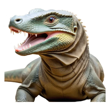 Cinematic Realistic Cute Yawning Komodo Dragon Portrait Emoji, Head tilted slightly with a dramatic, wide-open yawn, showcasing a soft, rugged scaled hide with subtly drooping features and half-closed, drowsy eyes rendered in authentic detail, high shine, relaxed yet expressive, styled with a dash of natural desert charm, soft glowing outline, capturing the essence of a sleepy yet affectionate Komodo dragon that appears ready to stretch out for a deep, restful nap! sticker