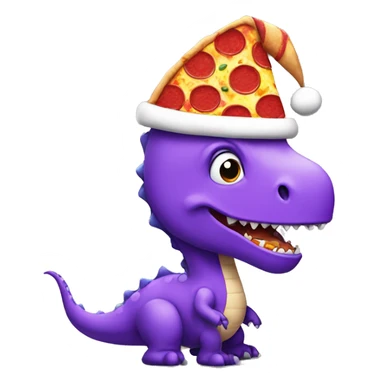 Purple dino wearing a santa hat with a pizza sticker