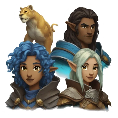 A dungeons and dragons team consisting of a human rogue,a blue Druid firbolg, a lion paladin and a female elf wizard sticker