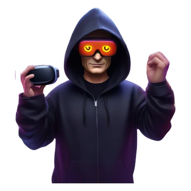 Vladimir Putin wearing a black hoodie with "OMG" letters on it and VR headset oculus quest 2 in a cyberpunk VR environment with violet neon lighting. sticker