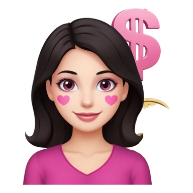 fair-skinned woman with dark hair, dollar sign ($) eyes, smiling, pink brush sticker