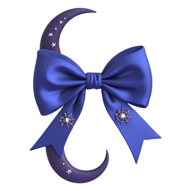 gothic bow with midnight blue silk, crescent moon charm, and subtle spiderweb pattern sticker