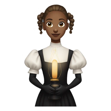 a girl in a black dress with lantern sleeves painted with letters, with light brown hair pulled back into a ponytail, with shaved temples, in identical black gloves sticker