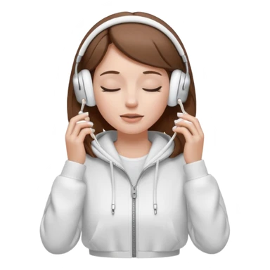 A clean, minimal emoji-style illustration of a white girl with brown hair worn loose. Her eyes are closed while listening to music with silver AirPods Max. She’s wearing a white zip-up hoodie. Smooth 3D emoji style, soft lighting, neutral tones. sticker