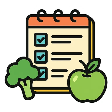 Vector-style illustration of a healthy diet checklist: an open notepad with checkmarks, placed beside fresh broccoli and a green apple. Clean, crisp lines, modern flat design with realistic soft shadows and highlights. High contrast, vibrant colors, minimalistic background. Professional, polished style, ideal for health or nutrition app or article illustration. sticker