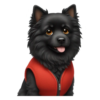 small completely black fluffy dog wearing red vest sticker