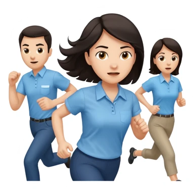 a female co-worker running and other co-workers chasing her  - female co worker with dark hair way in front... others far behind -- male and female co workers chasing female co worker sticker