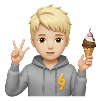 a white kid with a ice cream hairstyle blone hair with a grey hoodie and his above his hands saying 67 one 6 on 1 hand 7 on the other sticker