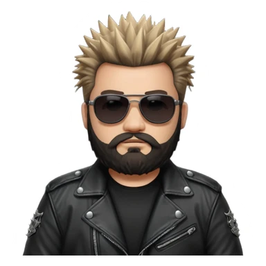 biker gang with black sunglass and rugged and fat guy bearded spicks hair black jacket sticker