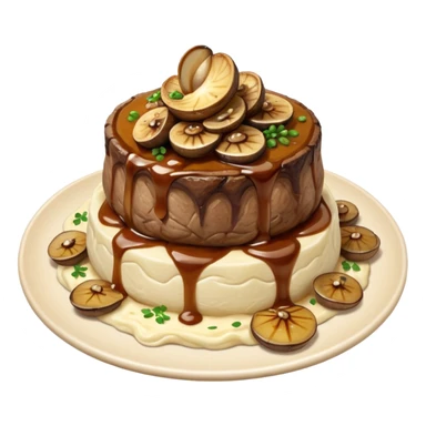Filet mignon, on a bed of mashed potatoes and gravy , smothered in grilled onions and grilled mushrooms sticker