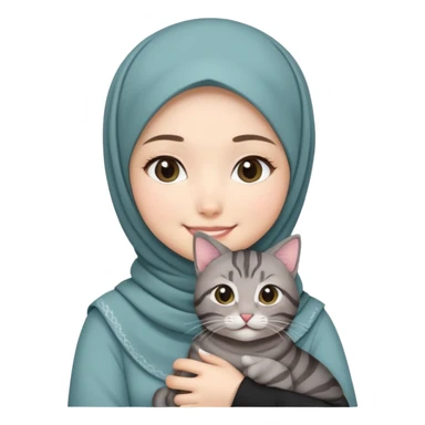 Asian White girl wearing cute hijab holding a black grey tabby cat while smiling.  sticker