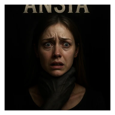 Create a hyperrealistic 4K image of a realistic woman with an anxious and scared face. A large realistic black hand is gripping her neck to represent anxiety. The atmosphere is oppressive with dramatic lighting. Include the word 'ANSIA' above her head. The style should be hyperrealistic and dramatic as described. sticker