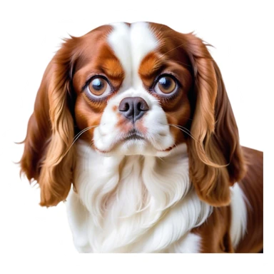 Cinematic Meme-Worthy Grumpy Blenheim Cavalier King Charles Spaniel Portrait Emoji, Head held high but eyes filled with dramatic disappointment, smooth Blenheim coat with striking chestnut and white patches, deeply furrowed brow forming an unmistakable scowl, floppy ears slightly angled back in disapproval, piercing brown eyes glaring with pure exasperation, Simplified yet hilariously over-exaggerated features, highly detailed, glowing with an aura of supreme annoyance, high shine, exhausted yet judgmental, stylized with an almost regal pettiness, bright but brooding, soft glowing outline, capturing the essence of a companion that has seen it all and is thoroughly unimpressed, so meme-worthy it feels like it could instantly become the next viral sensation of grumpiness! sticker