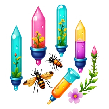 Create an icon that represents decorative arts using epoxy resin. The design should feature colorful tubes of resin, including fluorescent resin tubes, with visible drops or strokes of resin being applied to create intricate designs. Include finished resin jewelry pieces, such as pendants or rings, containing preserved flowers and insects encased in clear resin. The composition should feel vibrant, artistic, and delicate, showcasing the unique beauty of resin art with natural elements. The background should be transparent sticker