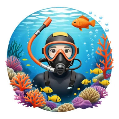 An icon featuring a close-up of a freediving mask and snorkel, with a breath-holding diver's fins, set against a vibrant underwater world. The design includes coral reefs, fish, and bubbles, symbolizing the serene beauty and thrill of freediving. Transparent background highlights the calm sticker