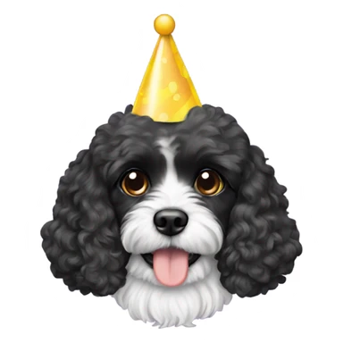 All black Cavapoo with a party cap sticker