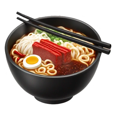 Glossy black noodle pack with red and white details, Korean lettering, and a steaming bowl of ramen on the front with noodles, meat, and chili peppers. sticker