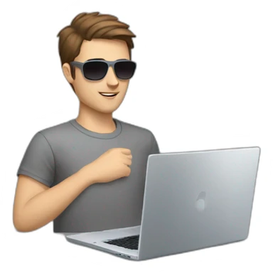 young white male with brown hair and brown eyes, wearing grey T-shirt, having pilot sunglasses, while having hands on the silver laptop and having silver rolex on whrist sticker