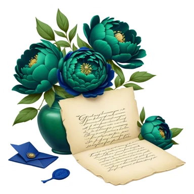 A charming arrangement of deep green peonies placed beside an old blue love letter with an intricate navy blue wax seal. sticker