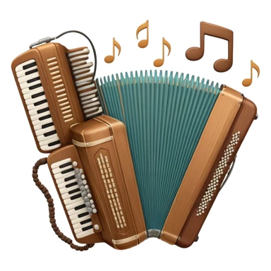 Create a warm and inviting humanless emoji representing folk singing. The design should feature a traditional microphone, perhaps with a wooden texture, symbolizing the rustic and authentic feel of folk music. Surround the microphone with subtle elements such as a hand-played tambourine, an accordion, or a balalaika to reflect the folk instruments. Add flowing musical notes to symbolize the vocal melodies. Use earthy, natural colors like browns, reds, and greens to evoke a sense of tradition, warmth, and connection to the community. The background should be transparent. sticker