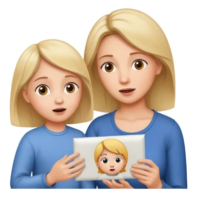 pleasanty surprised mother with child showing drawing sticker