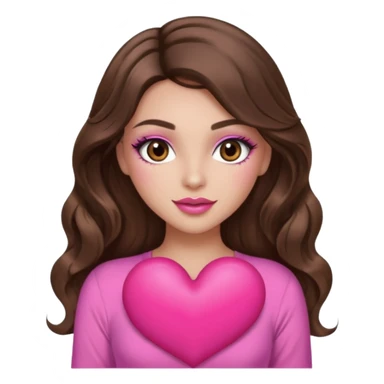 girl with long wavy brown hair, brown eyes, long lashes makeup, sexy pink lips, light to medium complexion, wearing a pink sexy top, holding a big heart sticker