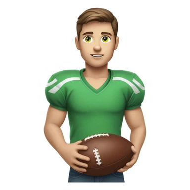 boy with brown hair and light blue eyes. wearing a green shirt. holding an american football  sticker
