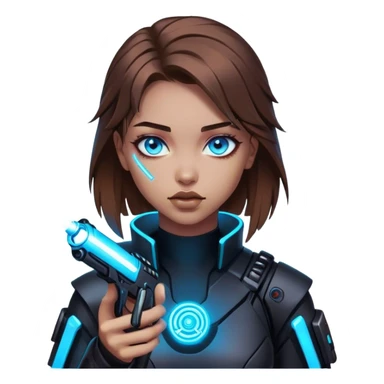 Neon cyberpunk style 
girl with brown hair and blue eyes 
shoots sticker