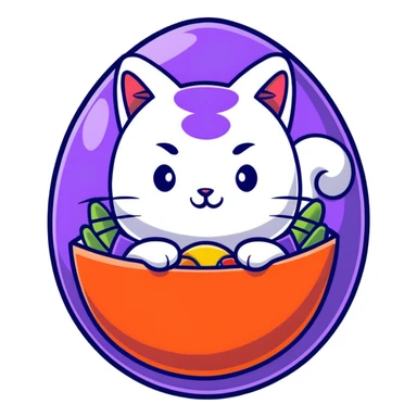 cat sitting in a decorated Easter egg made of sushi, colorful Easter patterns on the sushi egg sticker